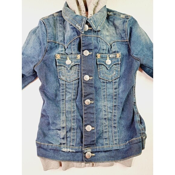 True Religion Jimmy Hooded Denim Jacket Distressed Built In Hoodie Unisex Sz XS - Picture 2 of 7